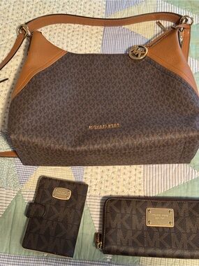 Michael Kors Brown Logo Shoulder Bag with Tan Leather Trim and Matching Wallets